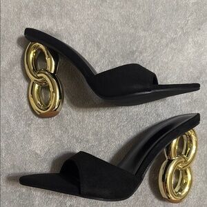 Black and Gold Sculptural Heel Mules